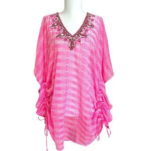 NWT Yumi Kim Maze Cover Up Jeweled Beaded Cinched Kaftan Hot Pink Sheer Size M/L